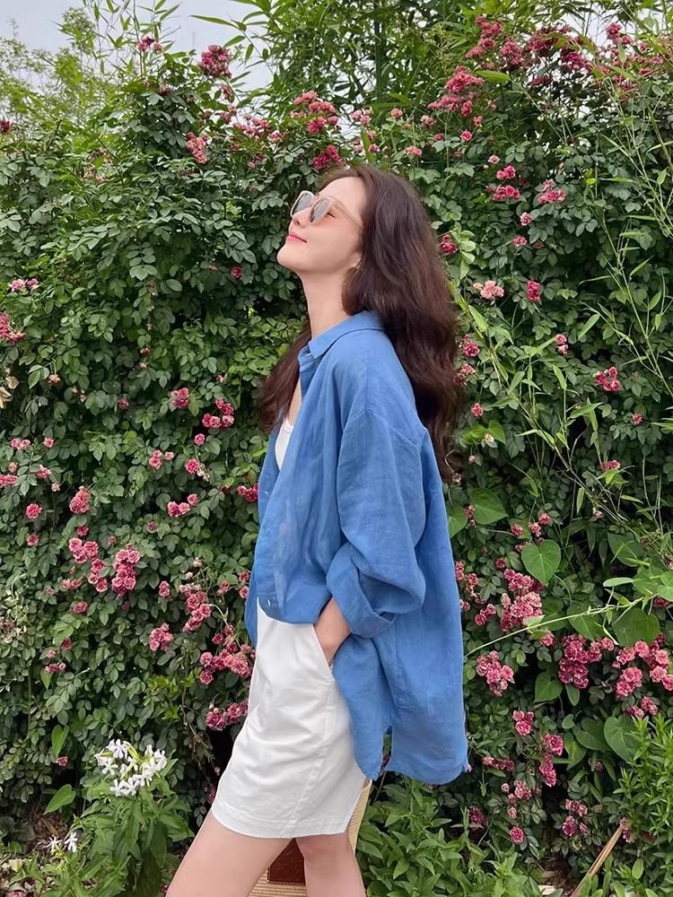 法国休闲蓝麻棉麻衬衫女士休闲多用途宽松衬衫苎麻薄防晒衬衫