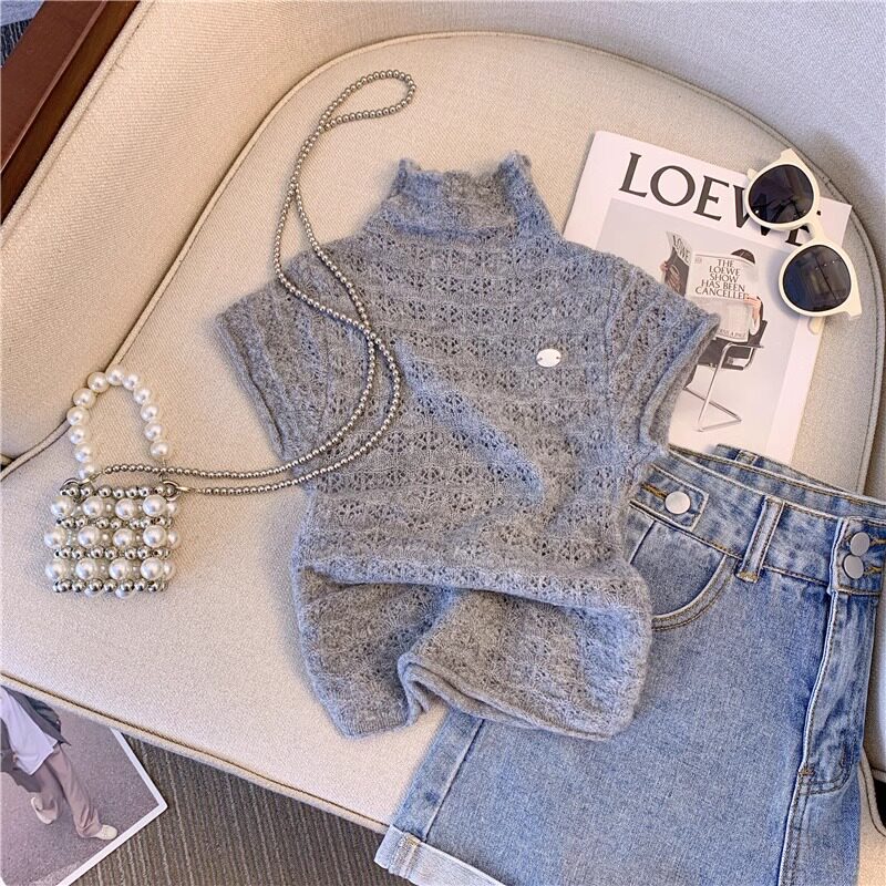 镂空冰丝针织短袖T恤女夏季薄款显瘦半高领T恤修身短款辣妹上衣