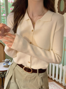 法式polo领针织衫女秋冬季修身毛衣长袖T恤小香风内搭打底衫上衣