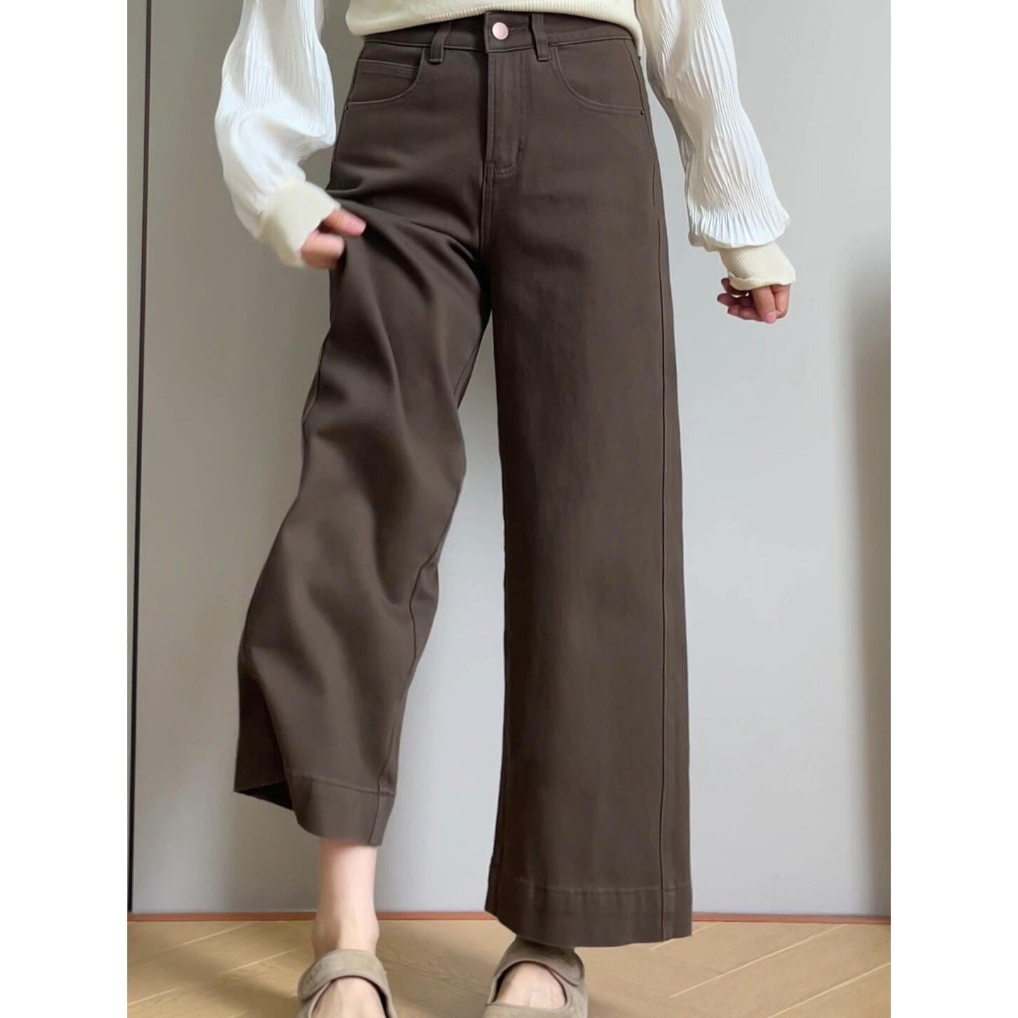 美拉德咖色九分裤子女秋冬加绒小个子直筒牛仔裤显瘦棕色阔腿裤