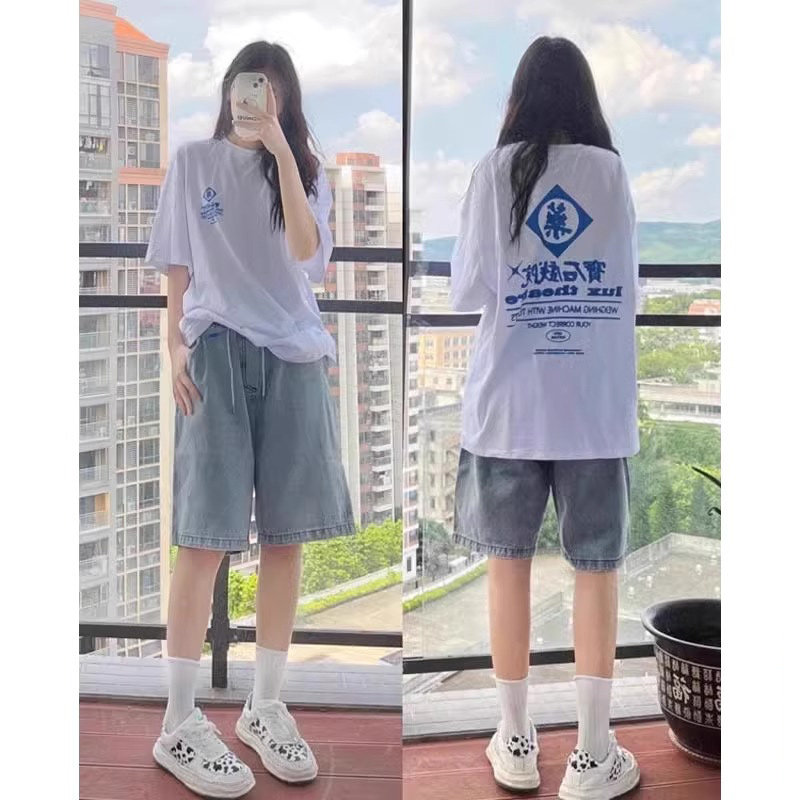 浅蓝色牛仔短裤女夏季新款高腰直筒宽松阔腿五分裤休闲 百搭五分