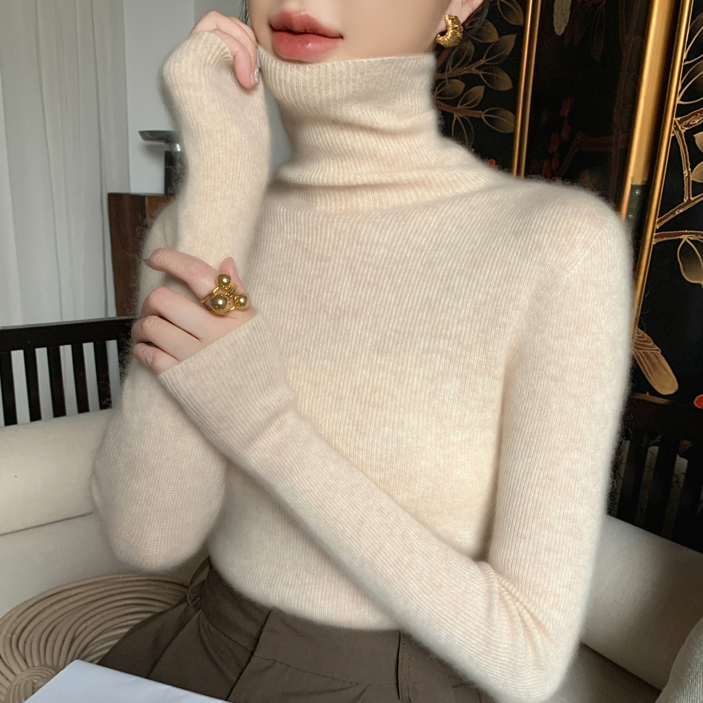 秋冬2025高领毛衣女堆堆领针织打底衫紧身内搭无缝长袖1129u