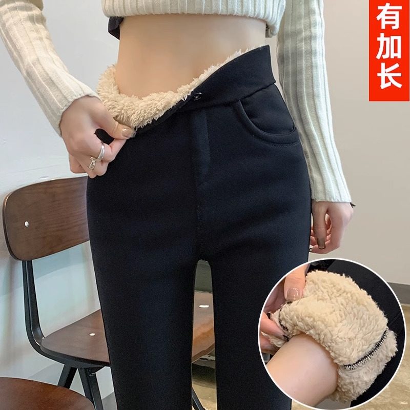 羊羔绒打底裤女外穿秋冬季加绒加厚高腰小黑裤紧身弹力小脚铅笔裤