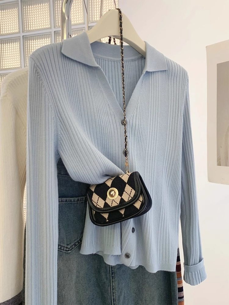 法式v领长袖针织衫女春季流行修身显瘦洋气内搭polo领打底衫上衣