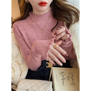 粉色半高领打底衫女春秋修身软糯不起球毛衣洋气木耳边针织衫上衣