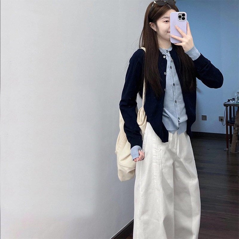 韩系撞色假两件针织开衫女秋冬穿搭设计感外搭毛衣外套高级感上衣