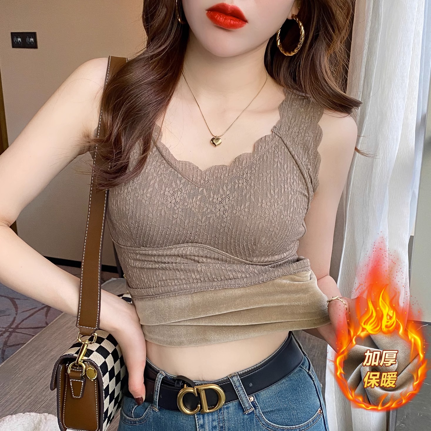 保暖背心女冬贴身加厚一体绒马甲内搭打底衫蕾丝加绒背心1201w