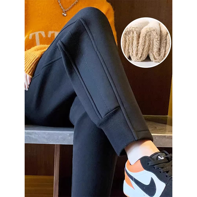 黑色羊羔绒运动裤女秋冬季新款哈伦裤高腰加绒加厚休闲束脚卫裤