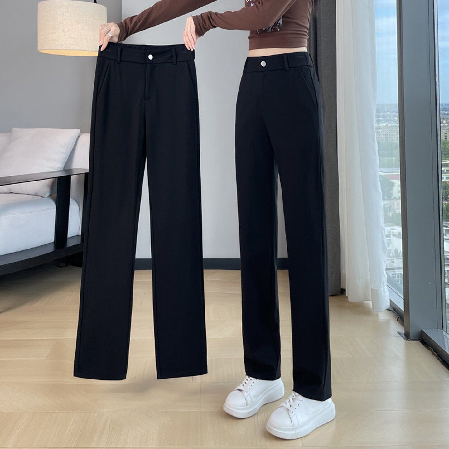 黑色西装裤女春季新款梨型身材显瘦裤子高腰休闲长裤窄版直筒裤