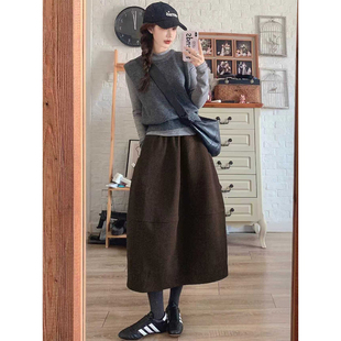 棕咖色毛呢半身裙女秋冬松紧高腰a字裙中长款蓬蓬伞裙加绒花苞裙