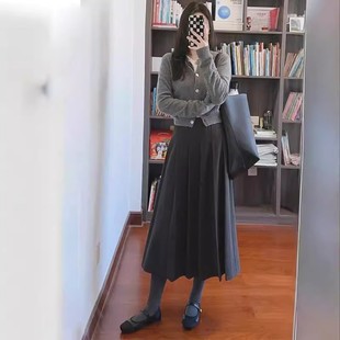 深灰色毛呢百褶裙女秋冬新款高腰显瘦半身裙梨形身材中长款a字裙