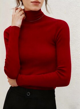 感新年红色高领针织打底衫秋冬季修身软糯毛衣内搭气质上衣0115k
