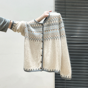 高级感费尔岛毛衣外套针织开衫女秋冬新款加厚宽松慵懒毛衫毛线衣