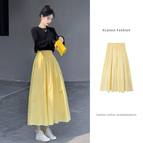 法式赫本风黄色半身裙女春秋新款高腰显瘦a字裙松紧腰中长版伞裙