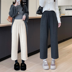 窄版直筒裤女秋冬新款小个子裤子松紧腰休闲加绒九分人字纹毛呢裤