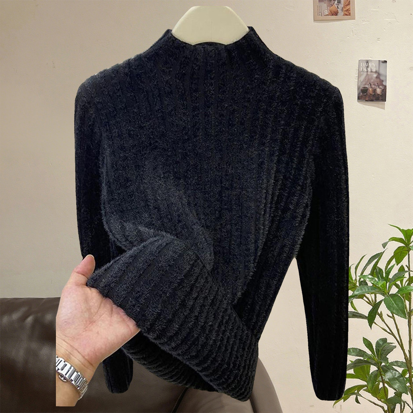 一体绒保暖内衣女秋冬大衣内搭半高领打底衫黑色加绒毛1206r