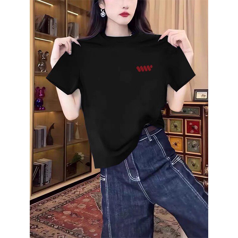设计感小众黑色正肩纯棉短袖t恤女2025夏季新款时尚百搭圆领上衣