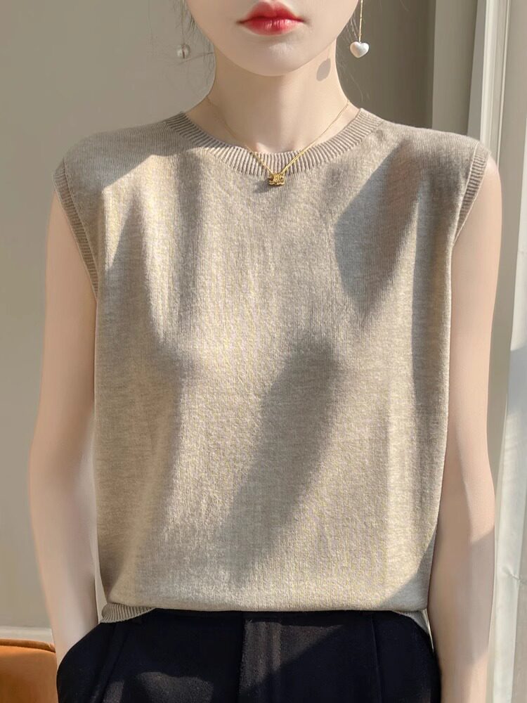 小立领针织打底背心女高级感米白色无袖上衣打底衫坎肩西装内搭