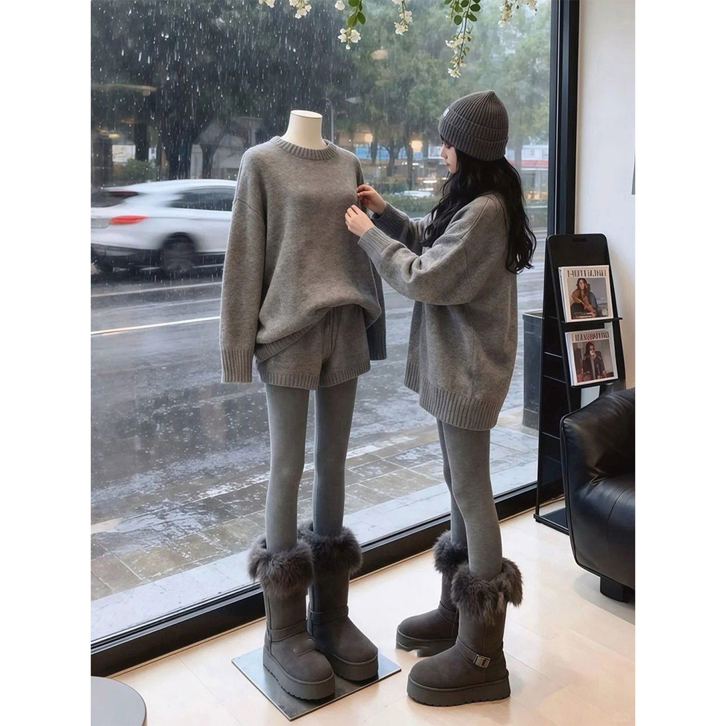 深灰色针织短裤女秋冬配靴子外穿a字热裤靴裤包臀毛线裤打底裤