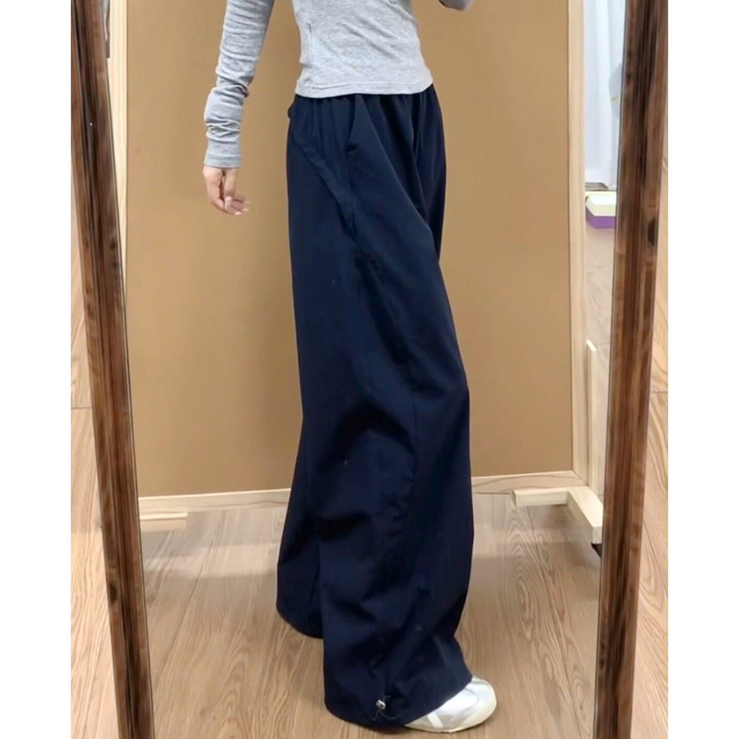 藏青色工装裤女春夏新款速干裤宽松直筒抽绳运动裤美式潮流阔腿裤