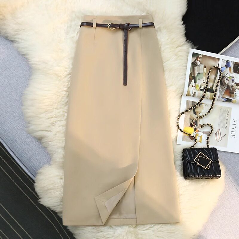 卡其色西装半身裙女春秋新款高腰开叉直筒裙气质休闲中长版包臀裙
