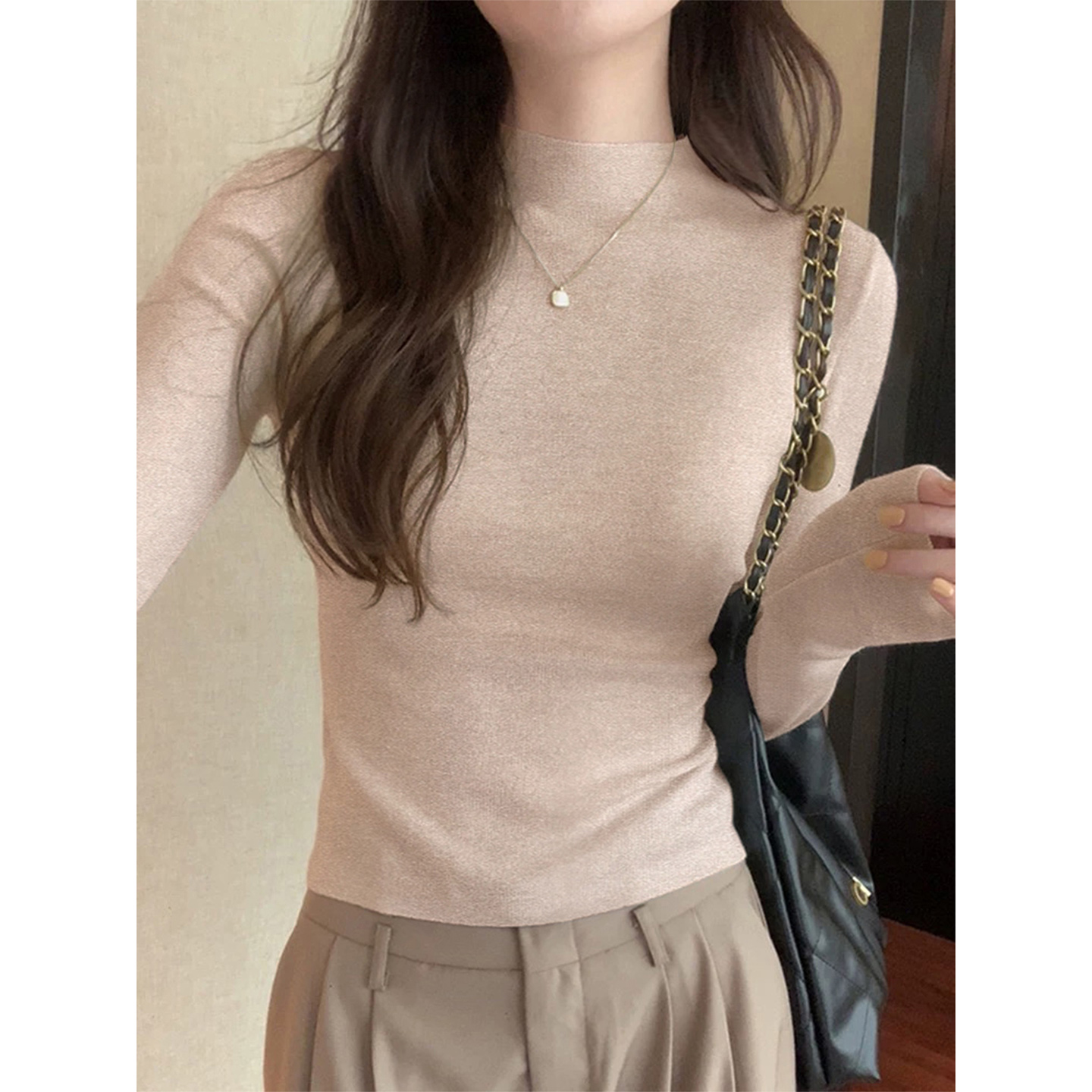 燕麦色半高领毛衣女秋冬新款洋气减龄修身针织打底衫1206r