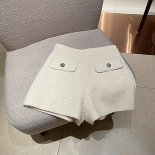 高腰靴裤 小香风毛呢短裤 子羊毛裤 配靴子外穿粗花呢白色裤 女秋冬季