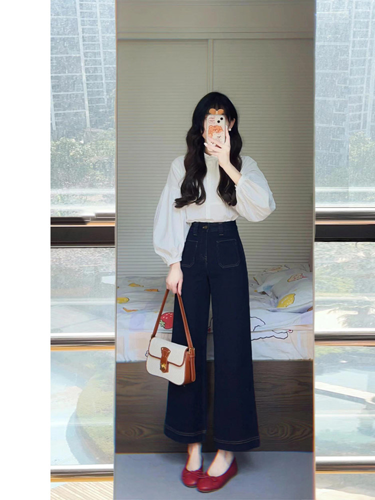 深蓝直筒牛仔裤春秋季新款高腰宽松梨形修身百搭法棍阔腿裤