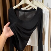 白色薄款 显瘦大圆领体恤女上衣0206z1 修身 针织打底女长袖 内搭新款