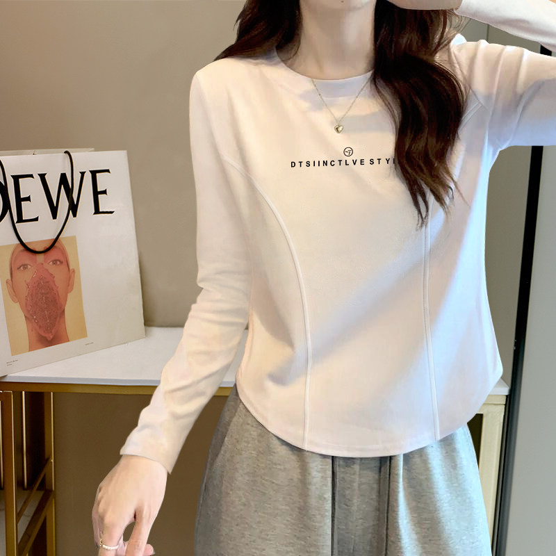 纯棉白色长袖T恤女春秋冬新款洋气内搭打底衫不规则收腰印花上衣,女装/女士精品,T恤,淘宝优惠券,粉丝福利购,淘宝优惠卷