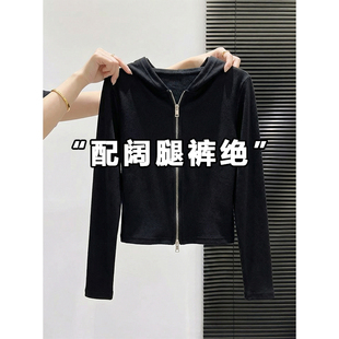 黑色连帽卫衣长袖T恤女春秋爆款修身打底衫短款洋气双头拉链0224e