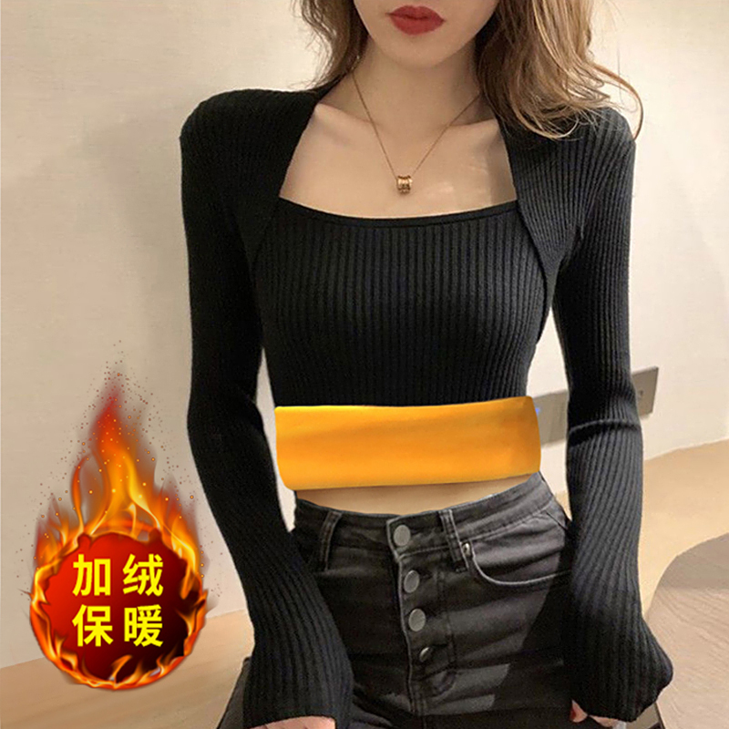 加绒加厚一体绒毛衣女冬新款法式气质露锁骨保暖内搭打底针1204w