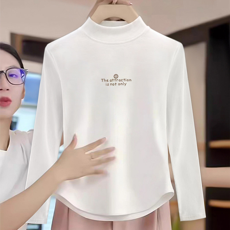白色半高领打底衫女春秋内搭纯棉长袖t恤显瘦不规则弧形下摆上衣