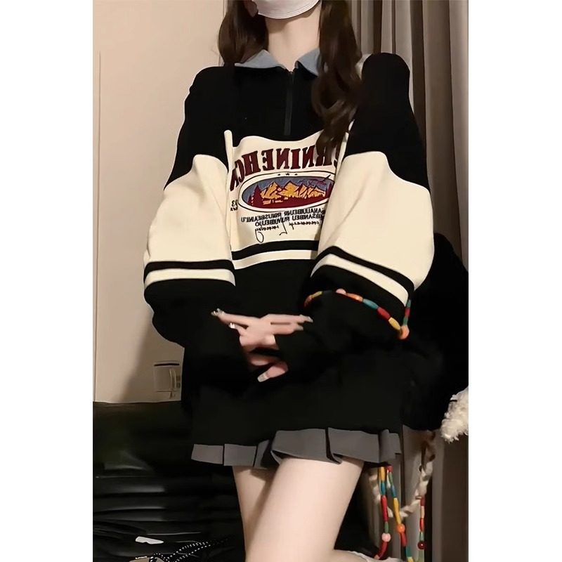 美式复古polo领学生初中生卫衣女秋冬新款撞色拼接假两件长袖上衣,运动/瑜伽/健身/球迷用品,瑜伽t恤,淘宝优惠券,粉丝福利购,淘宝优惠卷