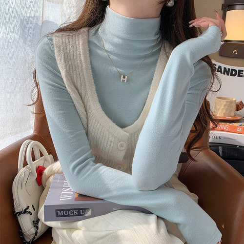 秋冬baby蓝色高领打底衫女2025新款内搭长袖t恤堆堆领上衣1223z