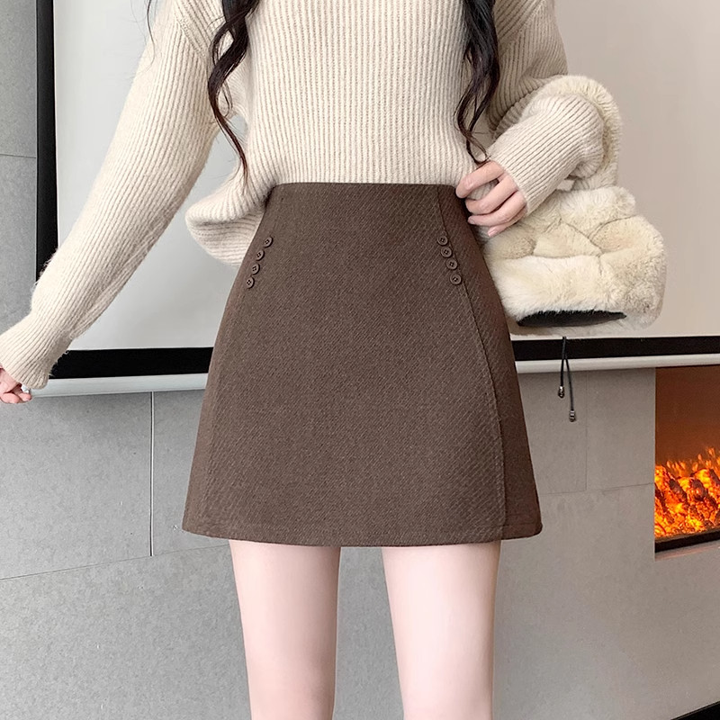 咖色毛呢半身裙女秋冬新款高腰显瘦a字裙防走光短裙高级感包臀裙