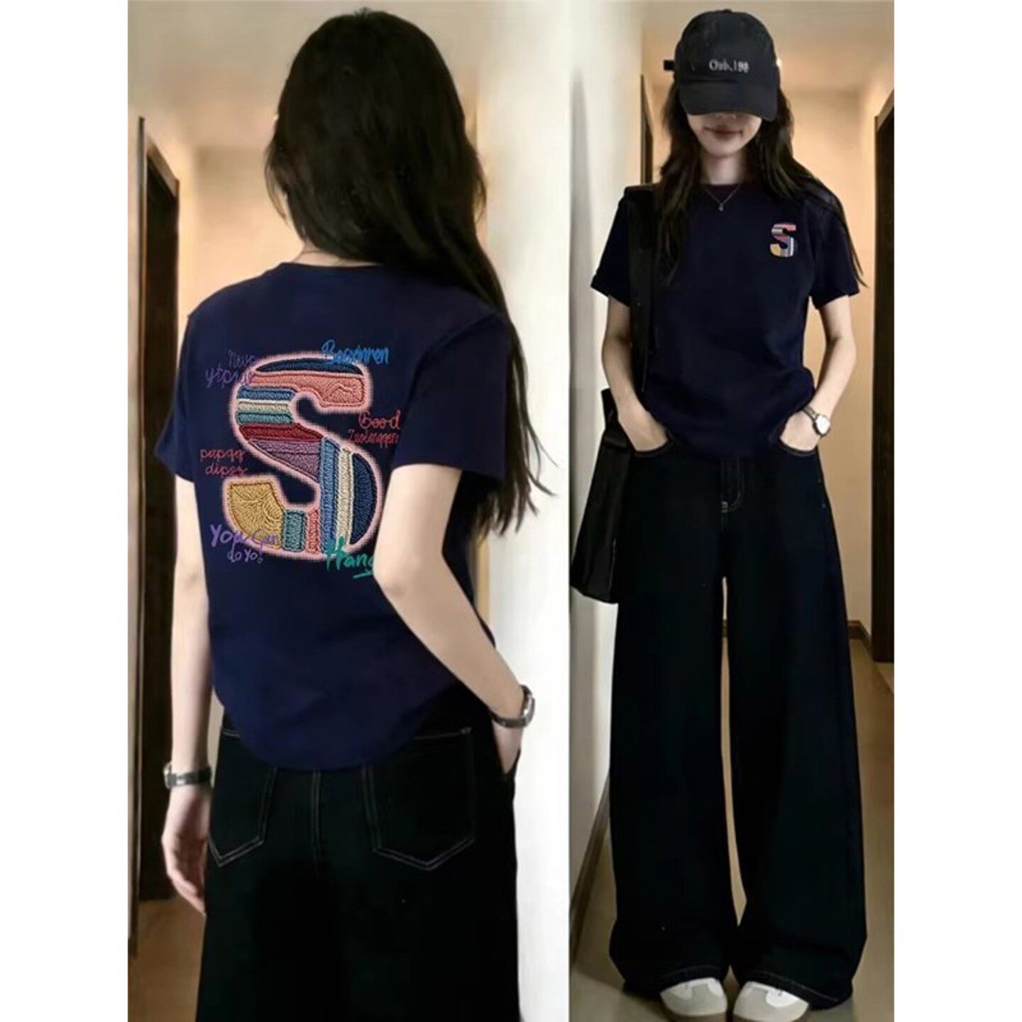 欧货高品质纯棉正肩短袖T恤女2026新款夏季爆款藏青色印花上衣