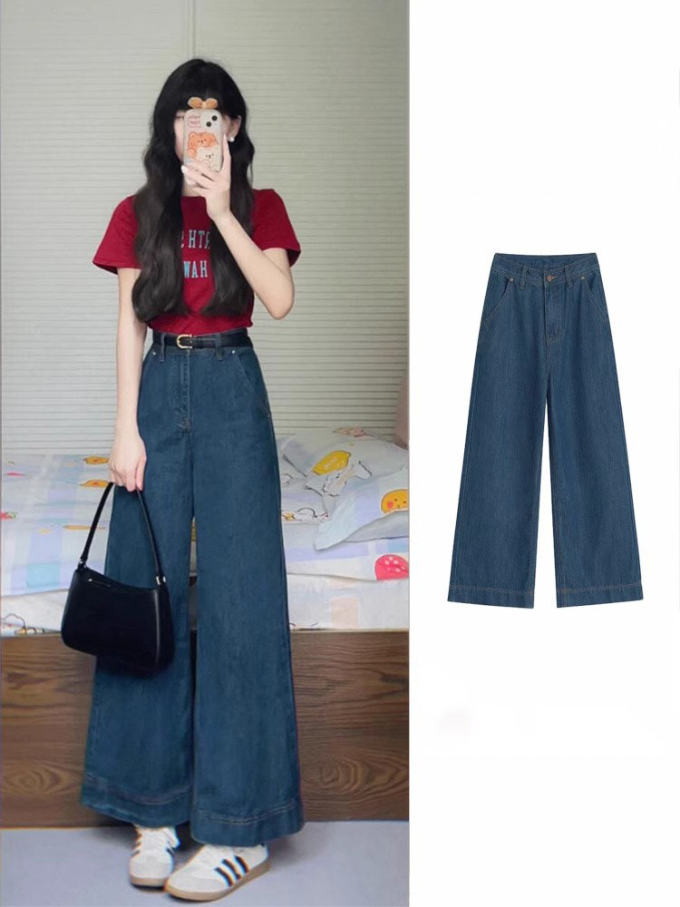 深蓝色大腿牛仔裤女士夏季2025年新的高腰直宽松垂阔腿裤为小个子
