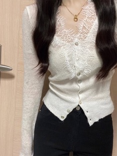 白色V领蕾丝打底衫女春秋冬针织衫开衫毛衣修身内搭长袖别致上衣