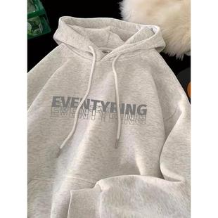 加绒美式字母男款纯棉重磅潮连帽秋冬2025宽松白oversize卫衣灰色