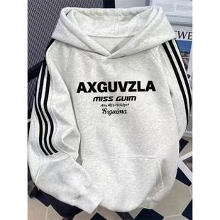 加厚杠美式加绒纯棉2025冬男款上衣情侣春秋新款卫衣连帽三条条纹