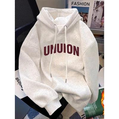 百搭春秋上衣加厚连帽休闲新款纯棉高街冬男款2025美式白卫衣灰色