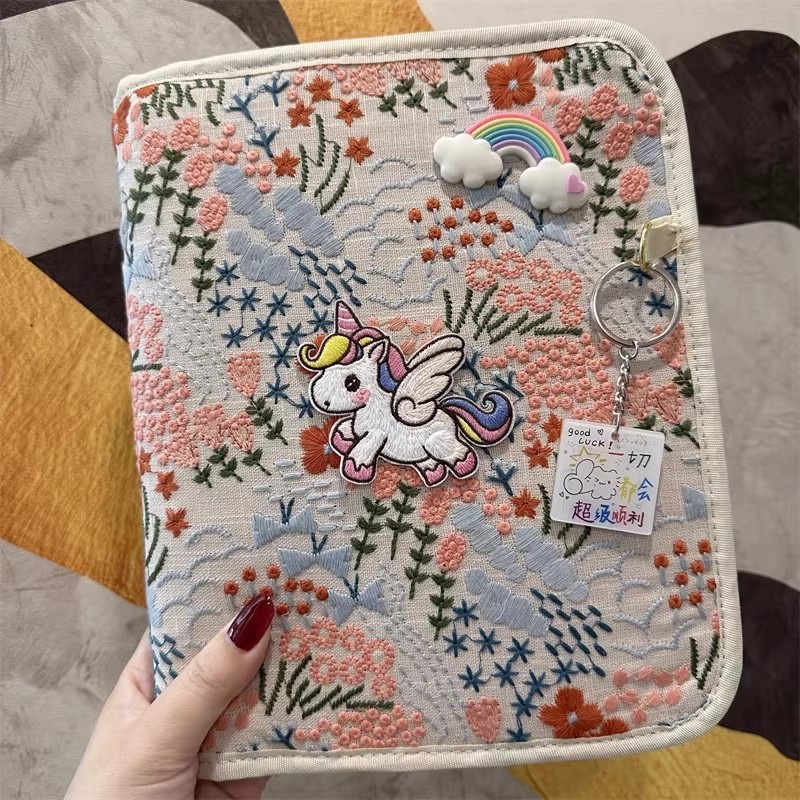刺绣小马产检收纳册带拉链包可折叠孕检报告单收纳包怀孕记录册活页便携文件夹a4孕妇孕期初期用品病案资料册