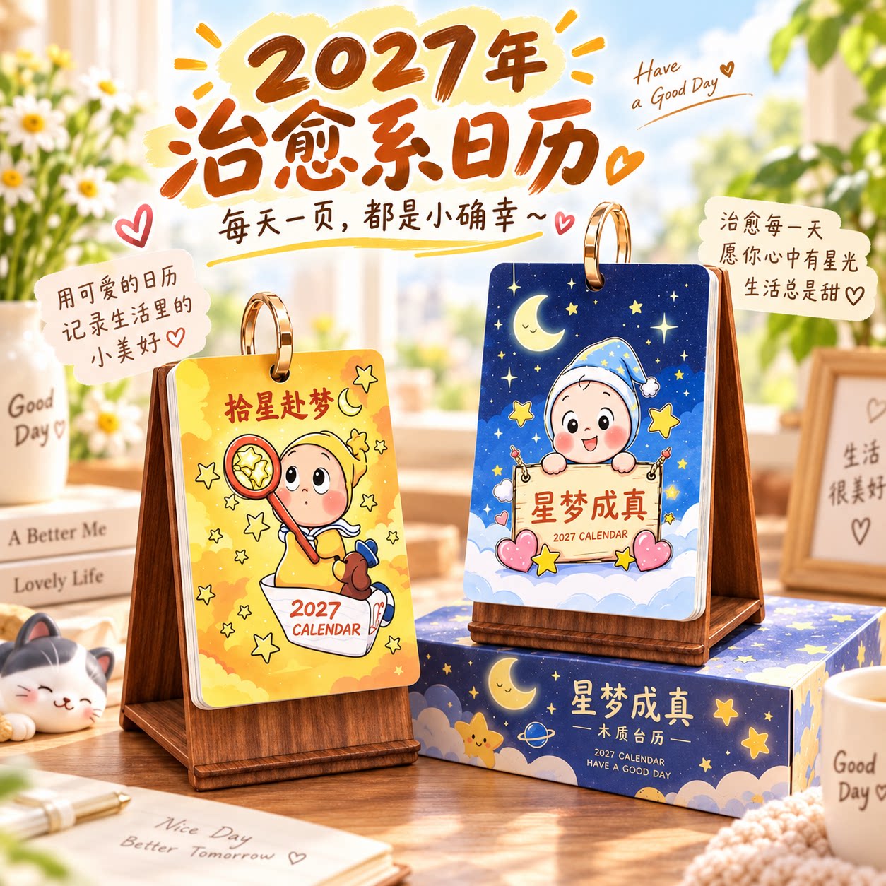 可爱星星人台历2027年新款治愈系文艺复古桌面摆件迷你木纹日历高考中考倒计时打卡创意月历羊年日程计划表图片