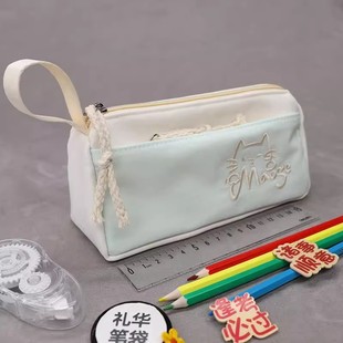 超火可爱简约女生款 薄荷绿刺绣小猫笔袋大容量ins风2025新款 高颜值铅笔盒多功能设计感小学生专用文具收纳盒