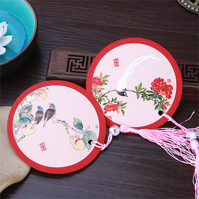古风花鸟鱼虫 民俗花鸟吉祥 颐和园文创圆形书签 原创仿古扇面配流苏
