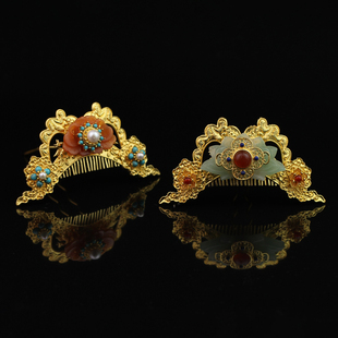 红妆匣子原创唐风百搭发梳发冠镶玉发梳金色梳篦梳子汉服头饰配饰