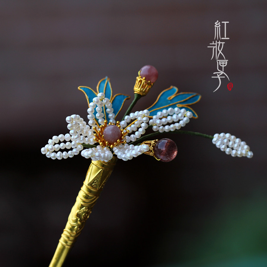 红妆匣子原创-梨花-仿点翠发簪辑珠多宝复古金钗汉服旗袍古风配饰