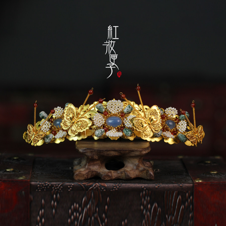 红妆匣子原创-蝶落醉花-仿故宫钿花多宝辑珠发冠热巴同款汉服配饰