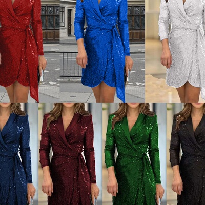 Sexy Party Sequin Dress夜店派对酒吧时尚珠片西装领系带连衣裙